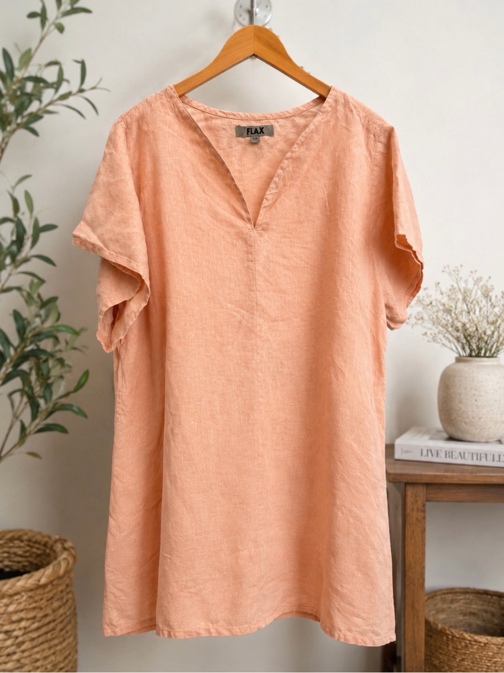 Flax Peach Linen V-Neck Short Sleeve midi dress 3G/24-26
